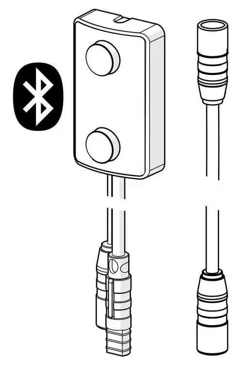 Bluetooth-Modul mit zwei Bedientasten und Kabelanschlüssen, hergestellt von HANSA. Das Gerät ermöglicht drahtlose Steuerung und Verbindung zu kompatiblen Systemen.
